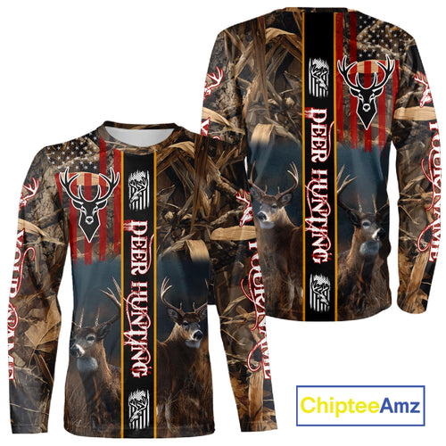 Whitetail Deer Camouflage US Flag Personalized Hunting Shirts, Hoodie Hunting Gift NHT321