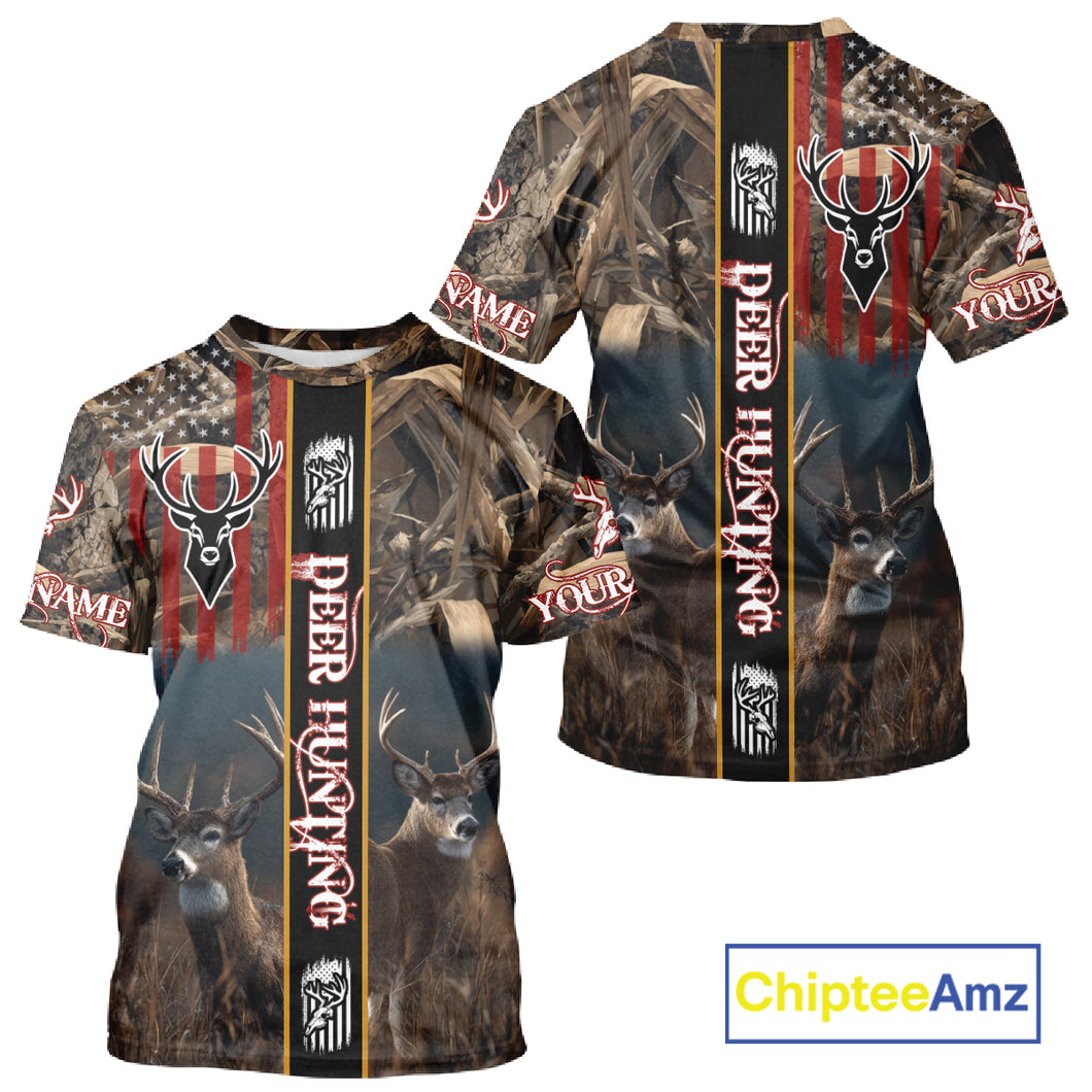 Whitetail Deer Camouflage US Flag Personalized Hunting Shirts, Hoodie Hunting Gift NHT321