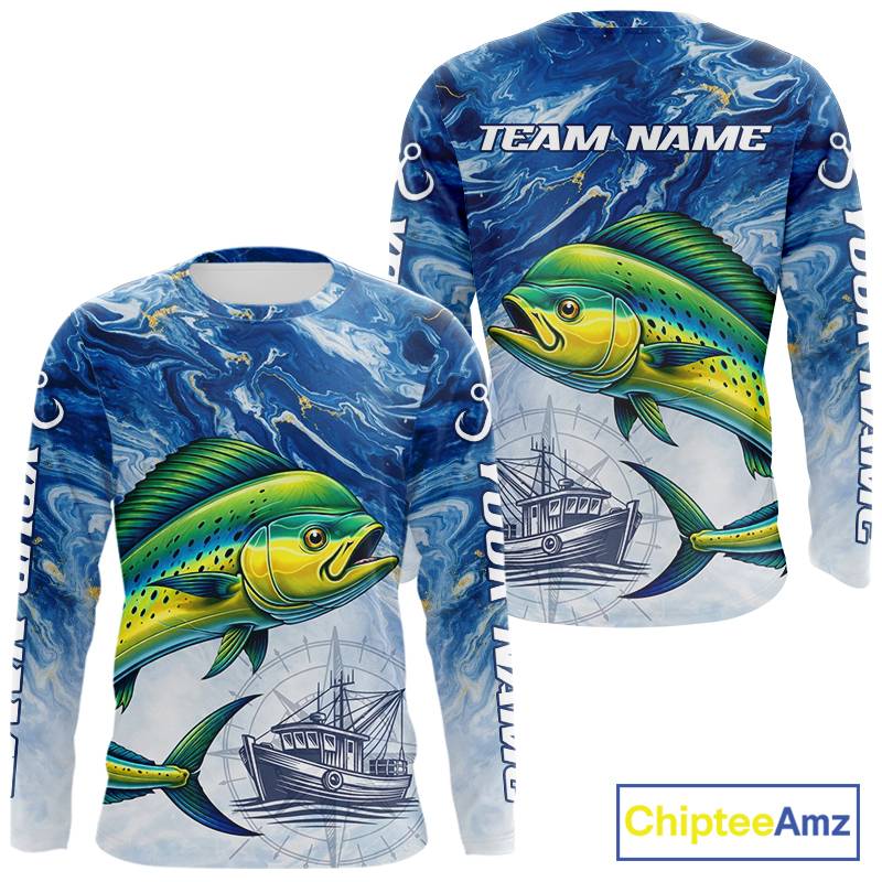 Personalized Mahi Mahi Fishing Shirt With Ocean Wave Graphic, Long Sleeve Fishing Apparel NHT612