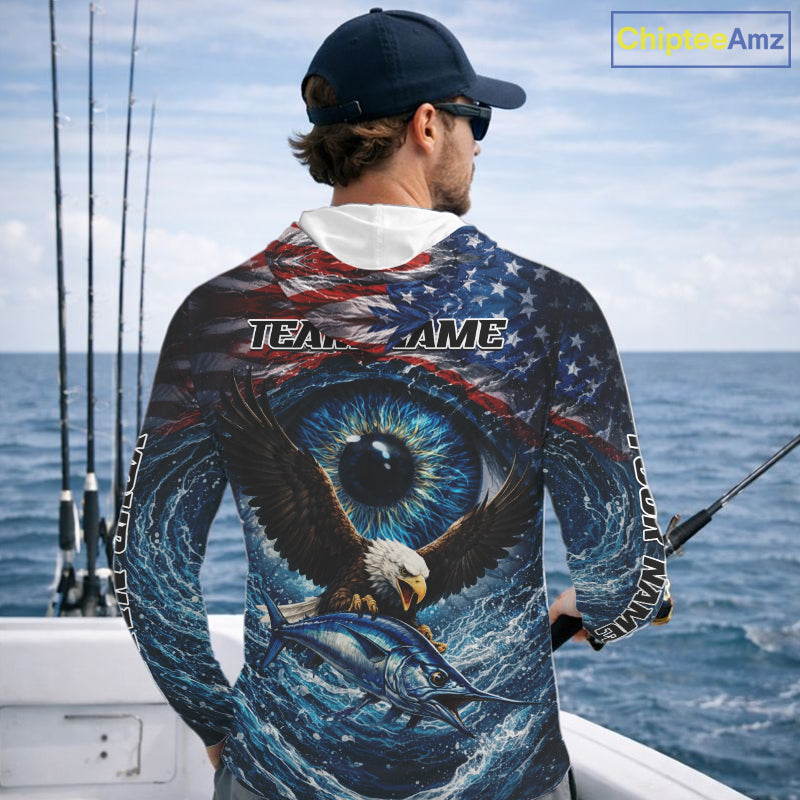 USA Eagle Marlin Fishing Shirt Long Sleeve Hooded – Custom Name Patriotic Ocean Eye Design  NHT429