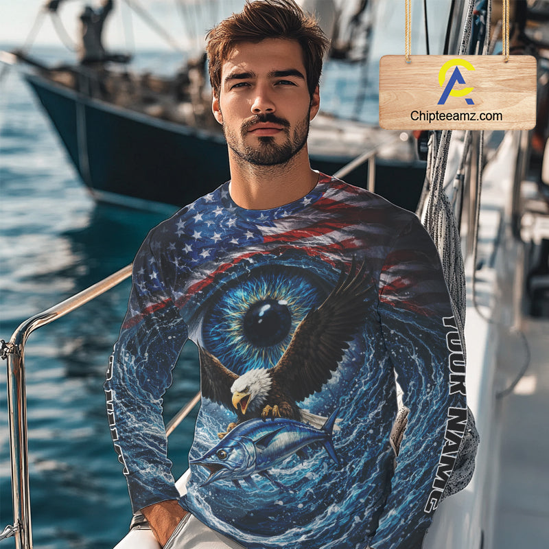 USA Eagle Marlin Fishing Shirt Long Sleeve – Custom Name Patriotic Ocean Eye Design NHT429