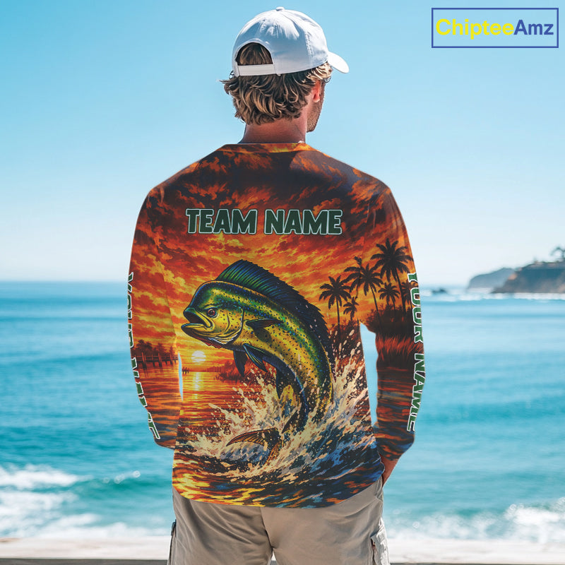 Personalized Mahi Mahi Dolphin Fish Fishing Shirt Long Sleeve – Sunset Ocean Design NHT433