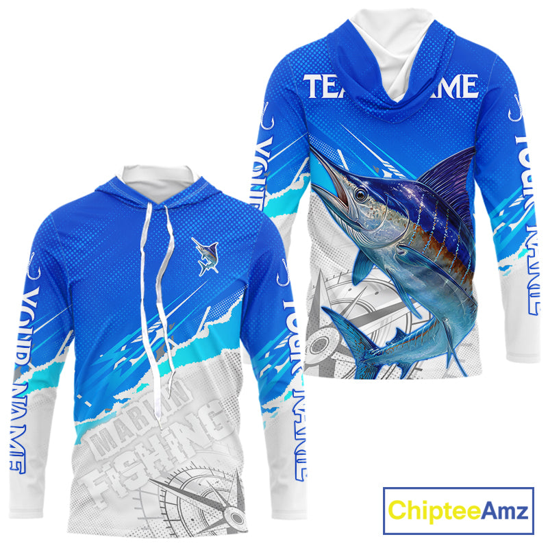 Marlin Fishing Custom Hooded Fishing Shirts Long Sleeve For Men, Marlin Saltwater Fishing Shirt NHT643