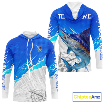 Marlin Fishing Custom Hooded Fishing Shirts Long Sleeve For Men, Marlin Saltwater Fishing Shirt NHT643