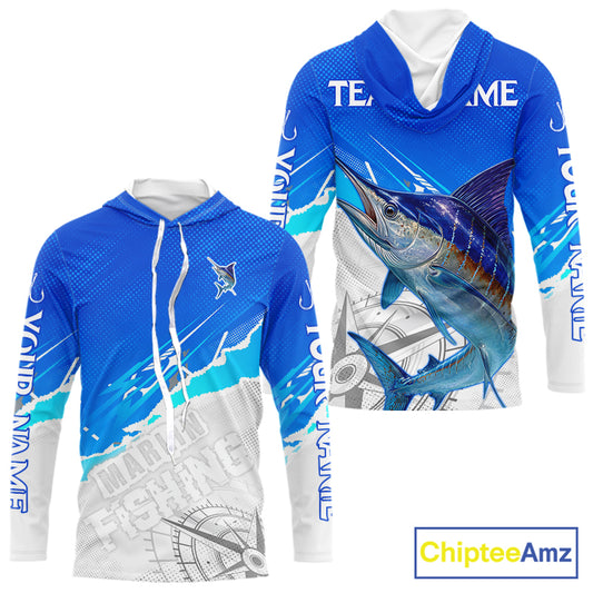 Marlin Fishing Custom Hooded Fishing Shirts Long Sleeve For Men, Marlin Saltwater Fishing Shirt NHT643