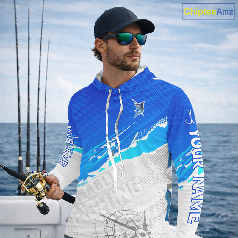 Marlin Fishing Custom Hooded Fishing Shirts Long Sleeve For Men, Marlin Saltwater Fishing Shirt NHT643