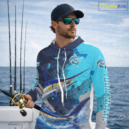 Marlin Fishing Blue Camo Custom Name Long Sleeve, Long Sleeve Hooded Fishing Shirt NHT453