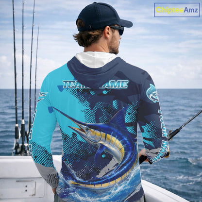 Marlin Fishing Blue Camo Custom Name Long Sleeve, Long Sleeve Hooded Fishing Shirt NHT453