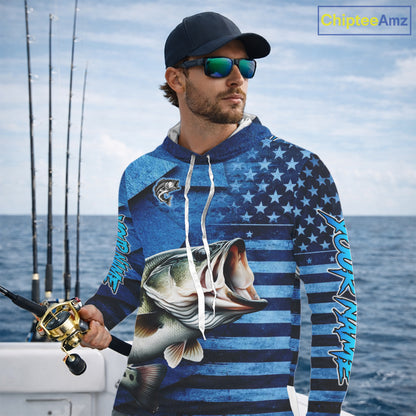 Bass Fishing Shirts Long Sleeve Hooded With American Flag, Personalized Bass Fishing Gift For Father Days NHT680