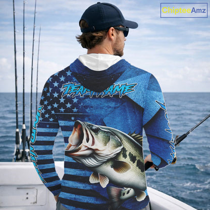 Bass Fishing Shirts Long Sleeve Hooded With American Flag, Personalized Bass Fishing Gift For Father Days NHT680