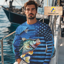 Load image into Gallery viewer, Crappie Fishing Shirts Long Sleeve With American Flag, Personalized Crappie Fishing Gift For Father Days NHT681