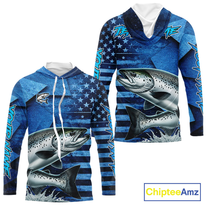 Chinook Salmon Hooded Fishing Shirts Long Sleeve With American Flag, Personalized Salmon Fishing Gift For Father Days NHT682