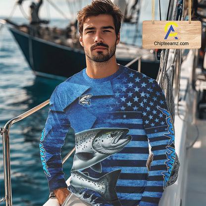 Chinook Salmon Fishing Shirts Long Sleeve With American Flag, Personalized Salmon Fishing Gift For Father Days NHT682