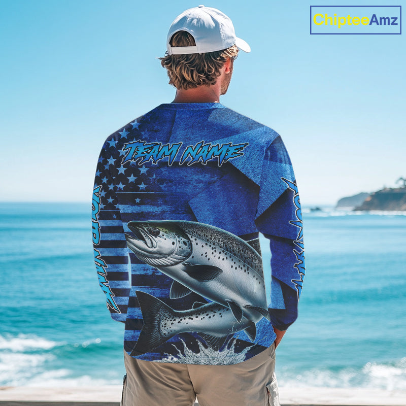 Chinook Salmon Fishing Shirts Long Sleeve With American Flag, Personalized Salmon Fishing Gift For Father Days NHT682