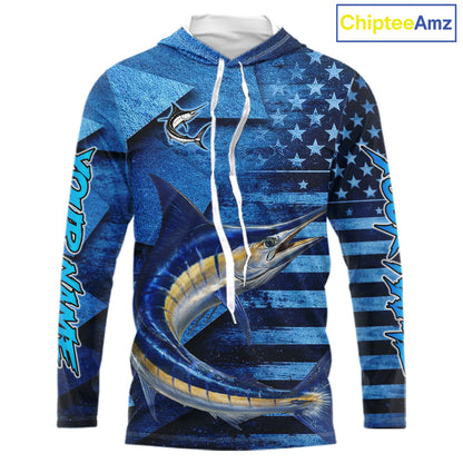 Marlin Hooded Fishing Shirts Long Sleeve With American Flag, Personalized Marlin Fishing Gift For Father Days NHT683