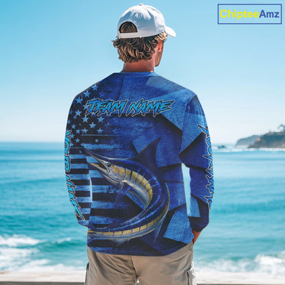 Marlin Fishing Shirts Long Sleeve With American Flag, Personalized Marlin Fishing Gift For Father Days NHT683
