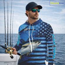 Load image into Gallery viewer, Tuna Hooded Fishing Shirts Long Sleeve With American Flag, Personalized Tuna Fishing Gift For Father Days NHT684
