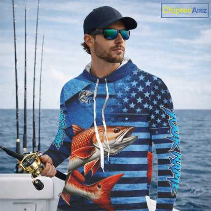 Redfish Hooded Fishing Shirts Long Sleeve With American Flag, Personalized Redfish Fishing Gift For Father Days NHT685
