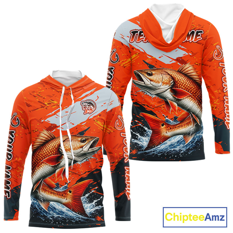 Custom Redfish Fishing Tournament Jerseys, Red Drum Orange Hooded Fishing Shirts Long Sleeve  NHT572