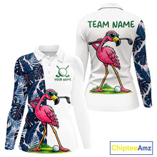 Load image into Gallery viewer, Funny Flamingo Womens Golf Polo Shirts Blue Tropical Flamingo Custom Name, Golf Gifts NBT563