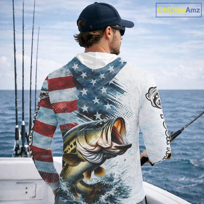 American Flag Custom Bass Long Sleeve Hooded Fishing Shirts, Patriotic Fishing Shirt NBT447