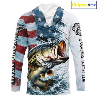 American Flag Custom Bass Long Sleeve Hooded Fishing Shirts, Patriotic Fishing Shirt NBT447