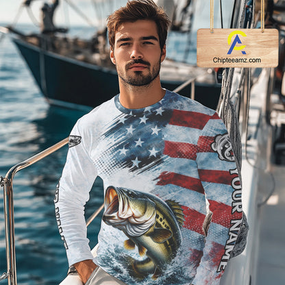 American Flag Custom Bass Fishing Shirts Long Sleeve, Patriotic Fishing Shirt NBT447