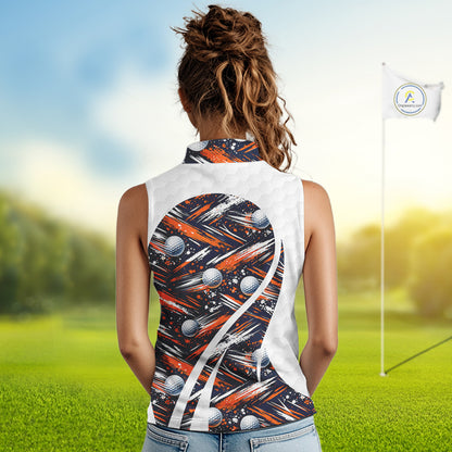 Womens Sleeveless Golf Polo Shirts Custom Black And Orange Golf Ball Pattern Golf Attire For Ladies, Golfer Gifts NBT573