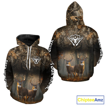 Personalized Forest Camo Deer Hunting Clothes Custom Name Whitetail Deer Design Hunting Hoodie NBT305
