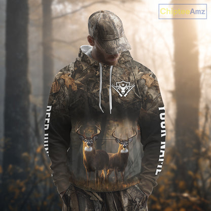 Personalized Forest Camo Deer Hunting Clothes Custom Name Whitetail Deer Design Hunting Hoodie NBT305