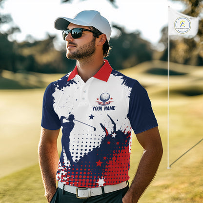 Man wearing a American flag patriotic graphic on mens white golf polo shirt standing on a golf course