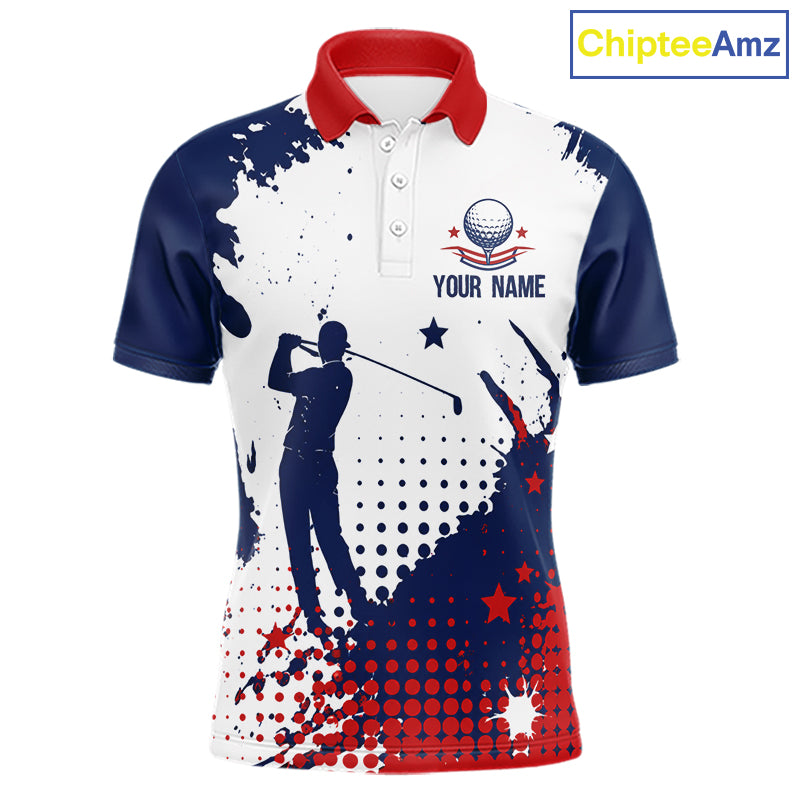 Front view of Mens golf polo shirt American flag patriotic custom name white with custom name.