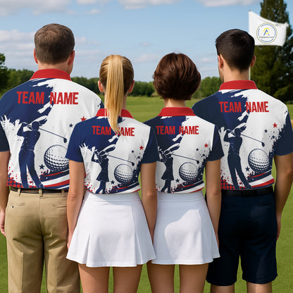 Four people wearing American flag patriotic graphic on mens white golf polo shirts with team name on the back