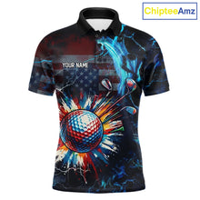 Load image into Gallery viewer, Front view of American Flag mens golf polo shirt custom name black golf shirt with custom name on the chest