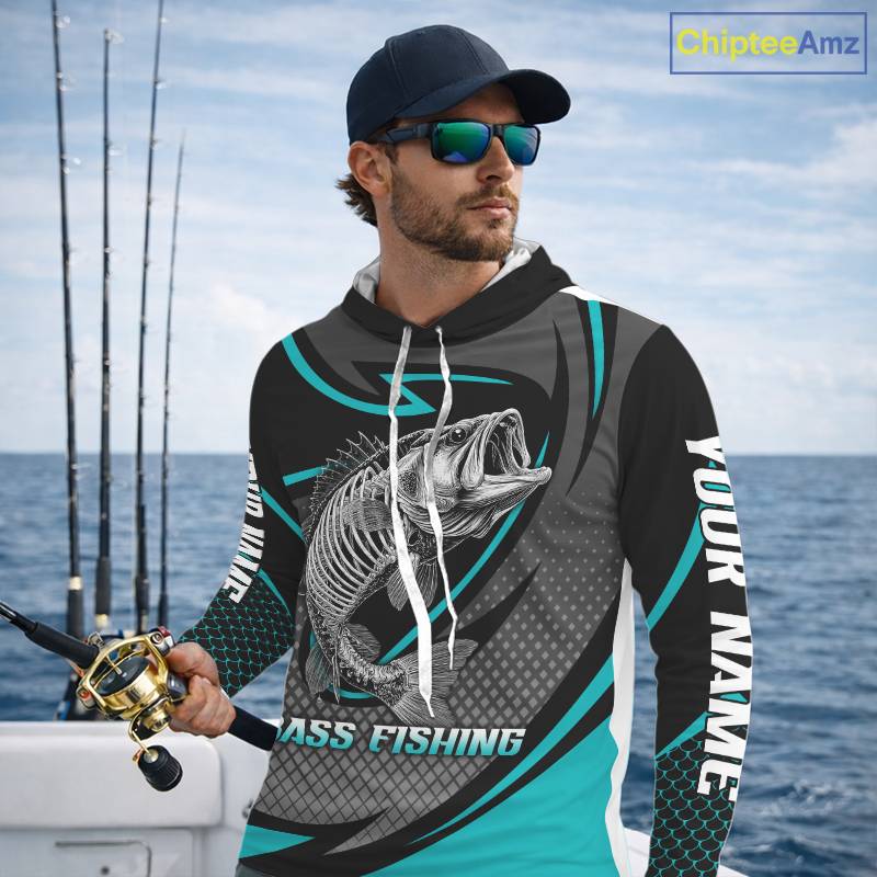 Personalized Bass Hooded Fishing Shirts Long Sleeve Fish Skeleton Custom Fishing Jersey NBT358