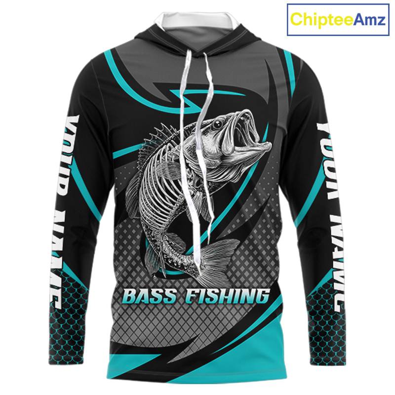 Personalized Bass Hooded Fishing Shirts Long Sleeve Fish Skeleton Custom Fishing Jersey NBT358