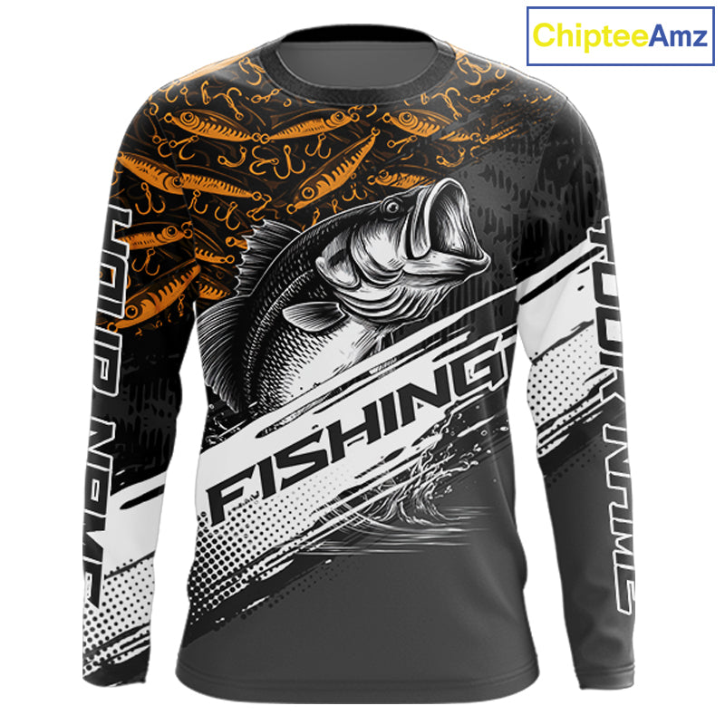 Personalized Bass Fishing Hood Long Sleeve UV Protection Custom Black & Yellow Shirts, Bass Tournament Jerseys NBT359