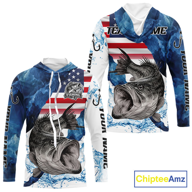 Blue Camo Bass Fishing American Flag Fishing Shirt, Bass Fishing Shirts Long Sleeve with Hood NBT458