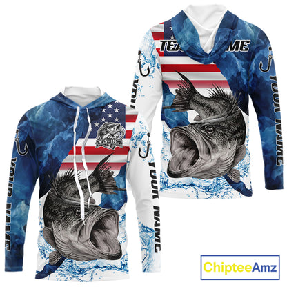 Blue Camo Bass Fishing American Flag Fishing Shirt, Bass Fishing Shirts Long Sleeve with Hood NBT458