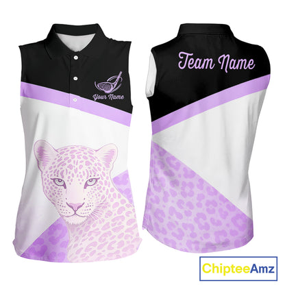 Leopard Womens Sleeveless Golf Polo Shirt Custom Purple Leopard Pattern Team Golf Tops, Golf Gifts NBT589