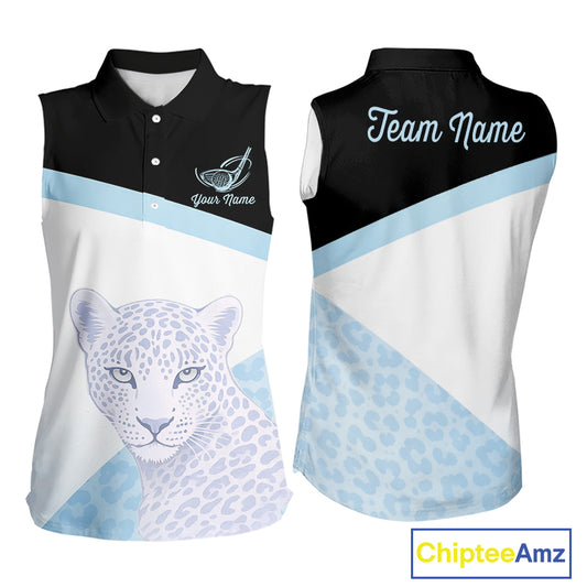Leopard Womens Sleeveless Golf Polo Shirt Custom Blue Leopard Pattern Team Golf Tops, Golf Gifts NBT591