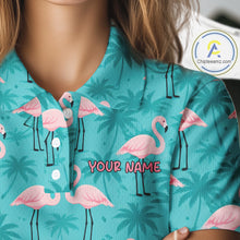 Load image into Gallery viewer, Womens Golf Polo Shirt Pink Flamingo Tropical Leaves Pattern Custom Team Flamingo Golf Polo Shirts NBT592