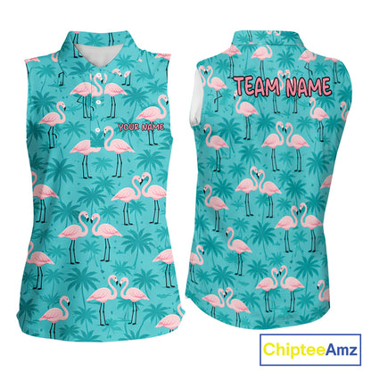 Womens Sleeveless Golf Polo Shirt Pink Flamingo Tropical Leaves Pattern Custom Team Flamingo Golf Polo Shirts NBT592