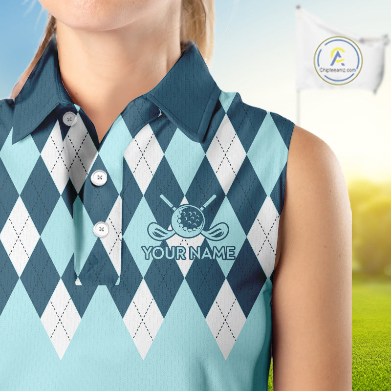 Blue Argyle Plaid Pattern Womens Sleeveless Golf Polo Shirt Custom Golf Polo Shirt For Ladies, Golfing Gifts NBT593