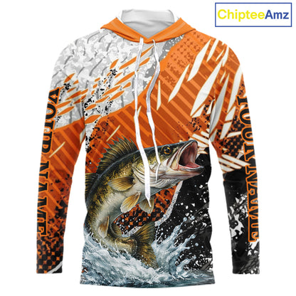 Walleye Fishing Shirt Long Sleeve Hooded Orange Camo, Persionalized Walleye Fishing Jerseys NBT406