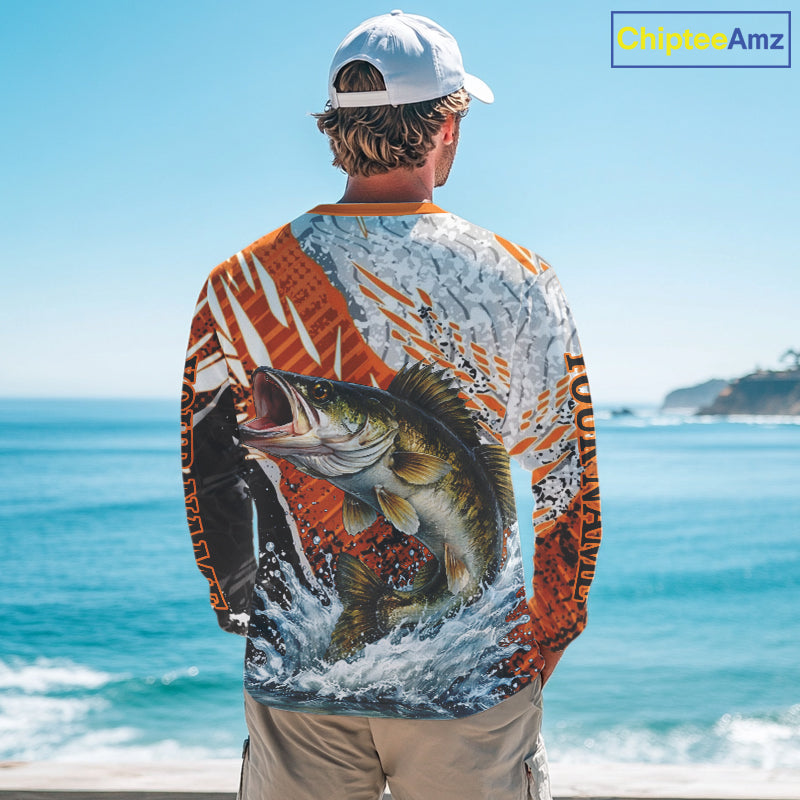 Walleye Fishing Shirts Long Sleeve Orange Camo, Personalized Walleye Fishing Jerseys NBT406