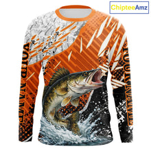 Load image into Gallery viewer, Walleye Fishing Shirts Long Sleeve Orange Camo, Personalized Walleye Fishing Jerseys NBT406