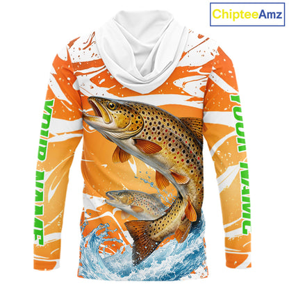 Big Brown Trout Fishing Shirt Long Sleeve Hooded Orange Camo Custom Name, Tournament Fishing Jerseys NBT410