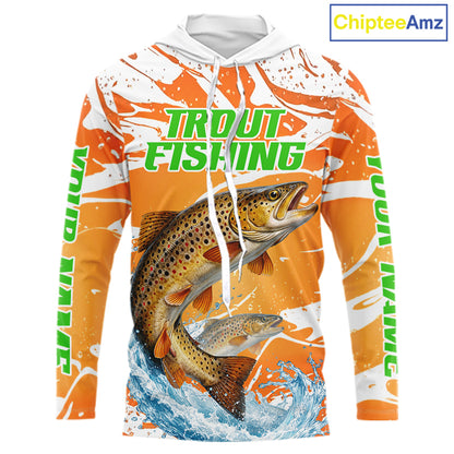 Big Brown Trout Fishing Shirt Long Sleeve Hooded Orange Camo Custom Name, Tournament Fishing Jerseys NBT410