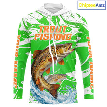 Load image into Gallery viewer, Big Brown Trout Fishing Shirt Long Sleeve Hooded Green Camo Custom Name, Tournament Fishing Jerseys NBT411